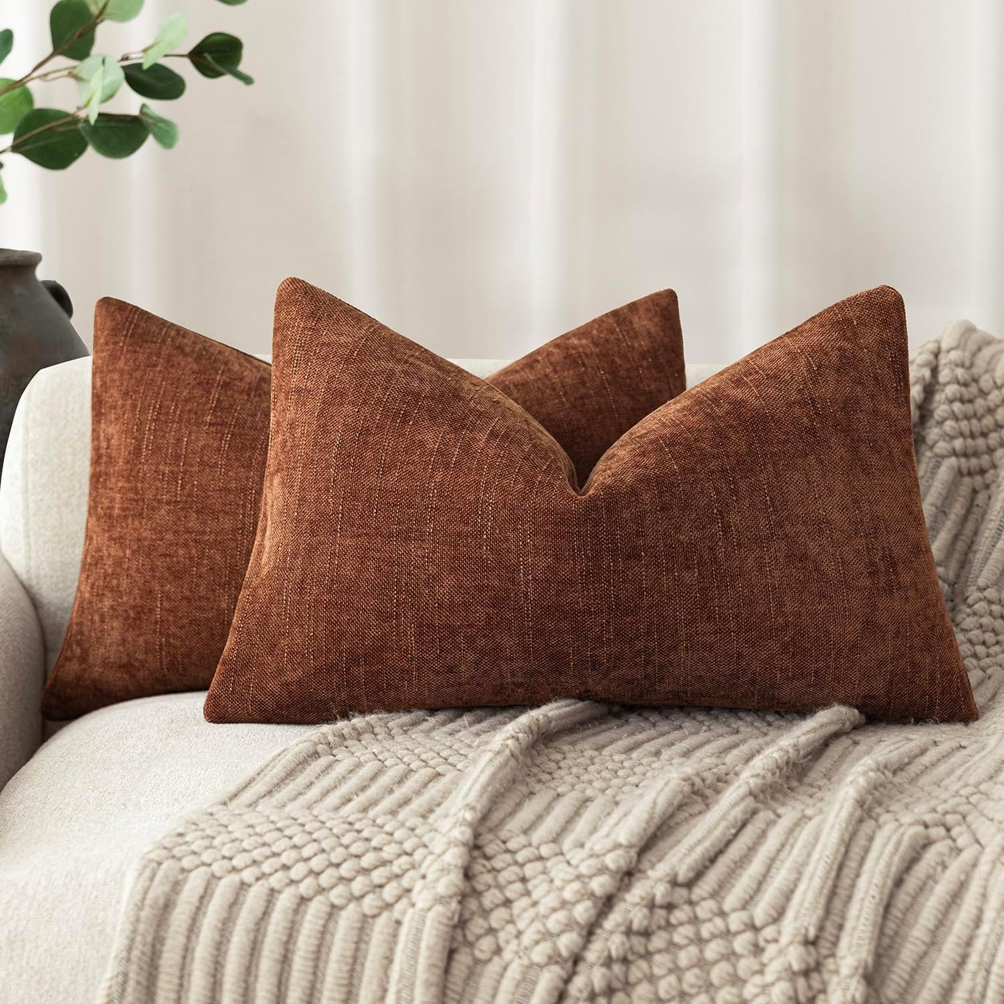 Foindtower Pack of 2 Textured Chenille Throw Decorative Pillow Covers Square Accent Solid Cushion Cover Neutral Farmhouse Lumbar Pillow Case for Couch Sofa Bedroom Living Room 12x20 Inch,Red Taupe