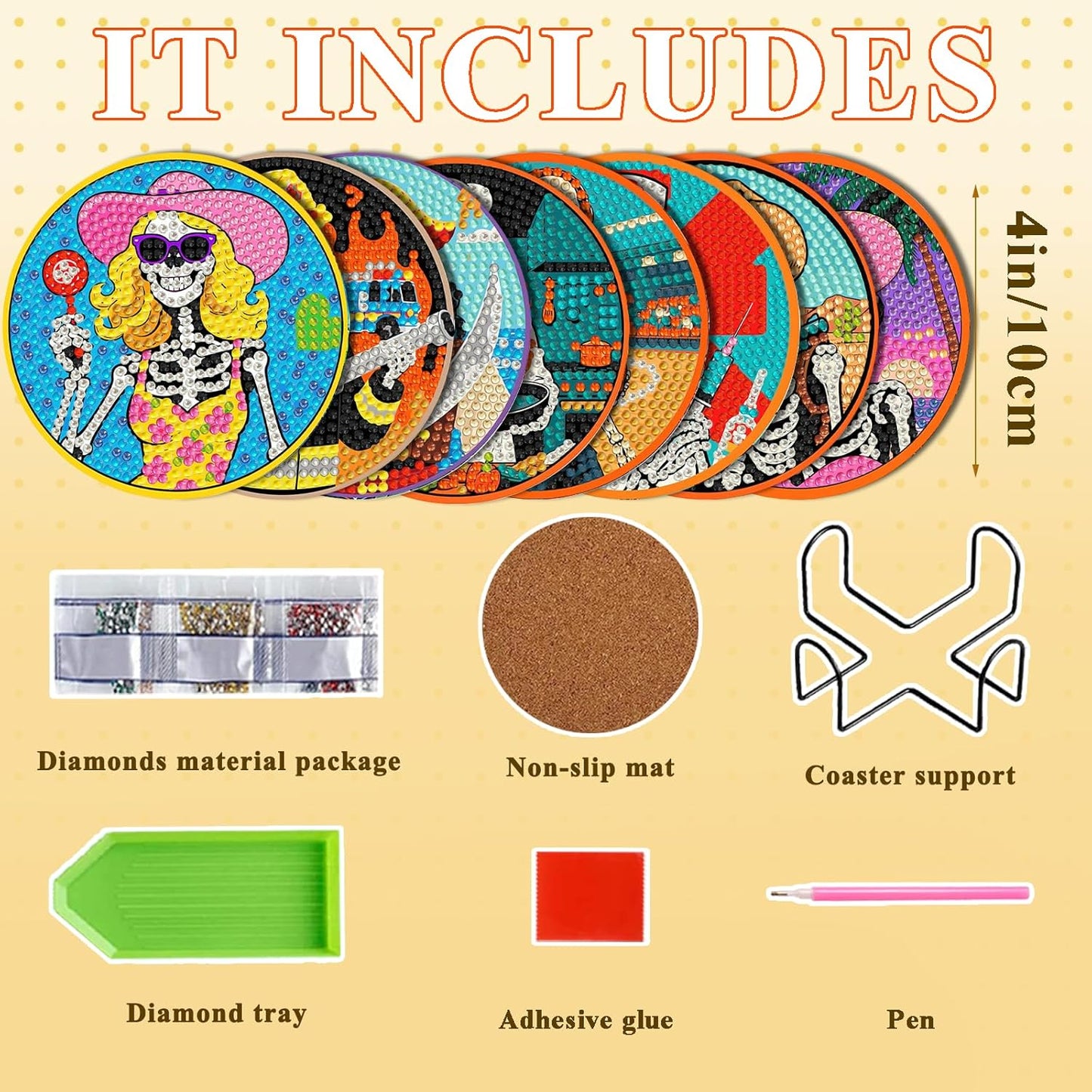 DOTSOPS Skull Diamond Painting Coaster with Holder 5D Diamond Art Kits for Adults Round Full Drill Beginners Gem Dots Craft Arts Supplies Party Home Decor 8pcs