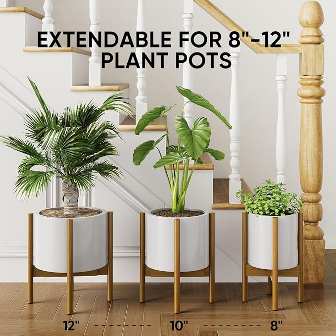 MUDEELA 14.5 Inch Tall Plant Stand for Indoor, Adjustable Width Bamboo Plant Stand for 8 9 10 11 12 Inches Pot, Single Tier Planter Holder Floor Stand, Mid Century Modern Style, Light Brown, Without Pot