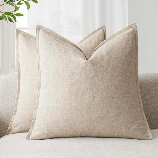 Foindtower Pack of 2, Decorative Linen Soild Throw Pillow Covers Soft Accent Cushion Case Boho Farmhouse Neutral Pillowcase for Couch Sofa Bedroom Living Room Home Decor 26 x 26 Inch Natural Beige
