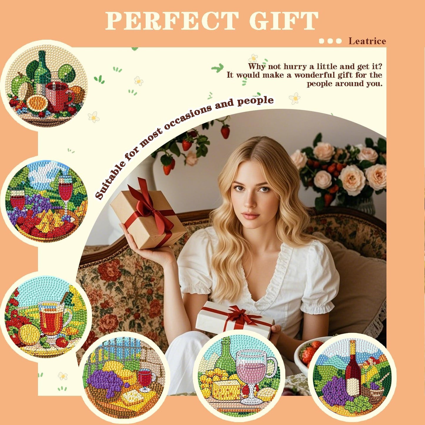 Leatrice Diamond Art Coasters Set of 6, Small Diamond Painting Kits for Adults Beginners Women, Funny Arts Supplies for Kitchen Decor Grape