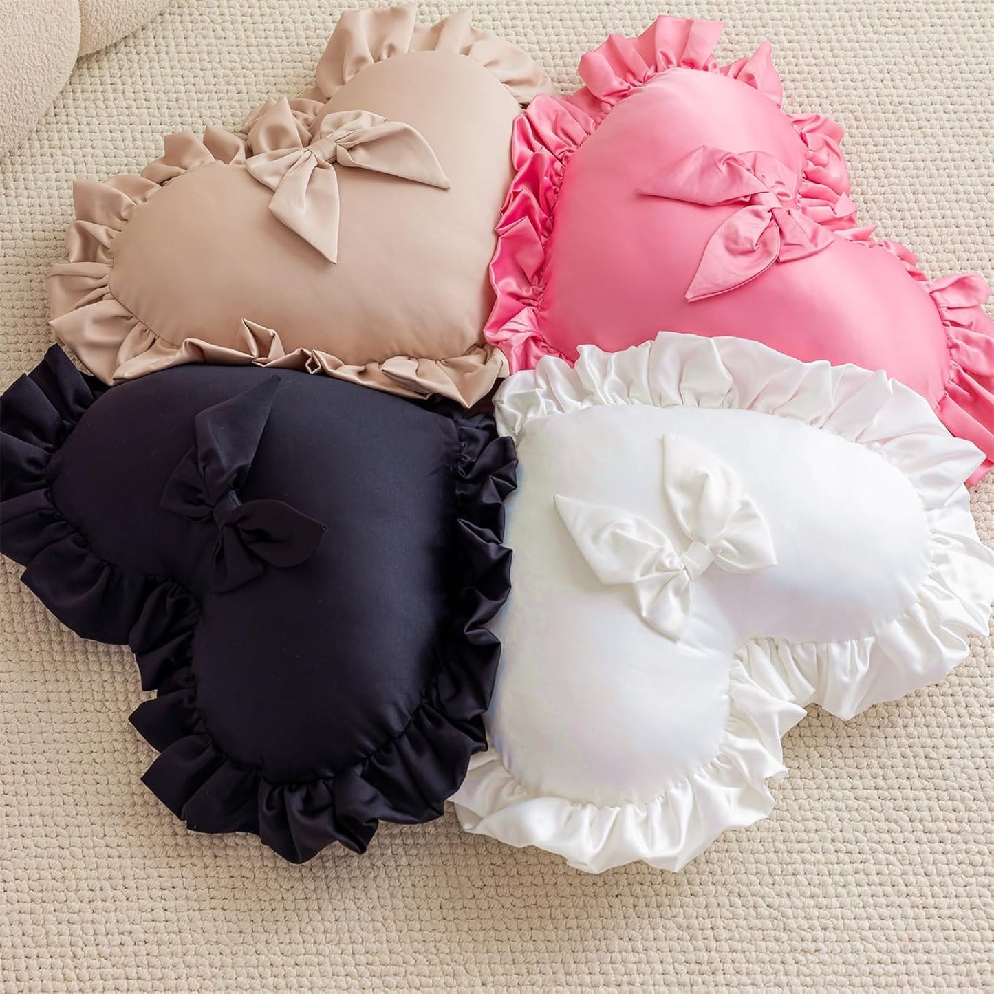 Heart Pillows, Cute Ruffled Heart Shaped Throw Pillows with Bow Soft Stuffed Love Decorative Pillow Cushion for Sofa Couch Bed Girl Room Chair Car Living Room, Black