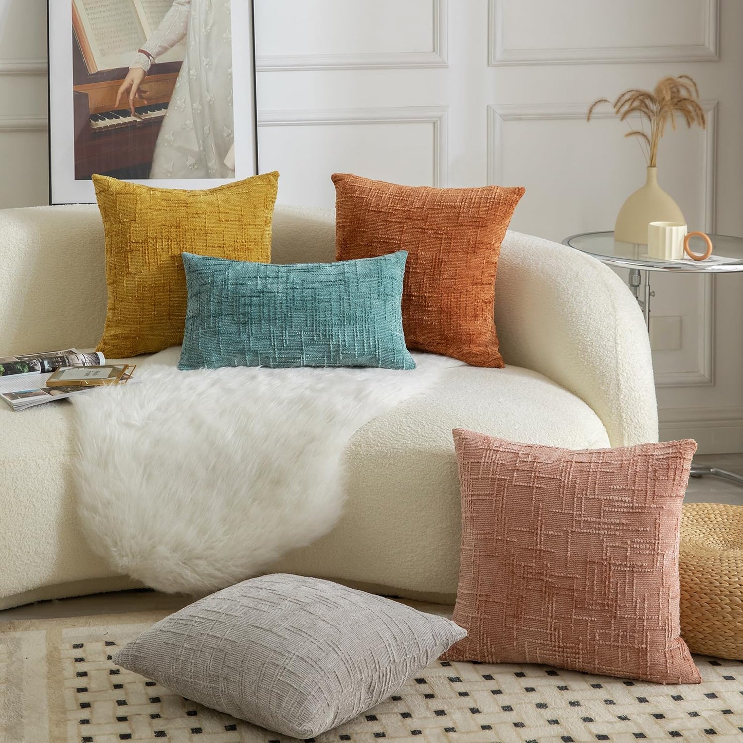 MANDIOO Pack of 2 Soft Chenille Textured Throw Pillow Covers Square Accent Solid Decorative Cushion Cover Cozy Farmhouse Pillow Case for Couch Sofa Bed Living Room 16x16 Inch Light Gray