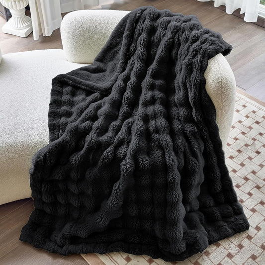 Faux Fur Black Throw Blanket for Couch - Super Soft Heavy Flufyy Thick Bubble Throw Blankets for Bed Bedroom Living Room Farmhouse Sofa Chair Fall Winter Warm, 50x60 Inch