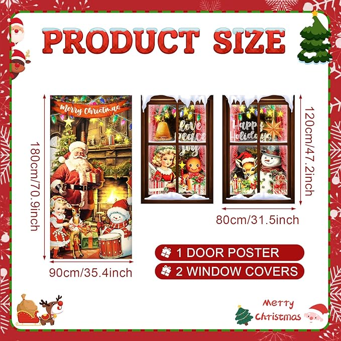 Tioncy 3 Pcs Merry Christmas Door Decorations Set 71" x 35" Christmas Door Cover 47" x 32" Window Cover Santa Claus Reindeer Snowman Gingerbread Bell Pattern Porch Banner Indoor Outdoor Decoration