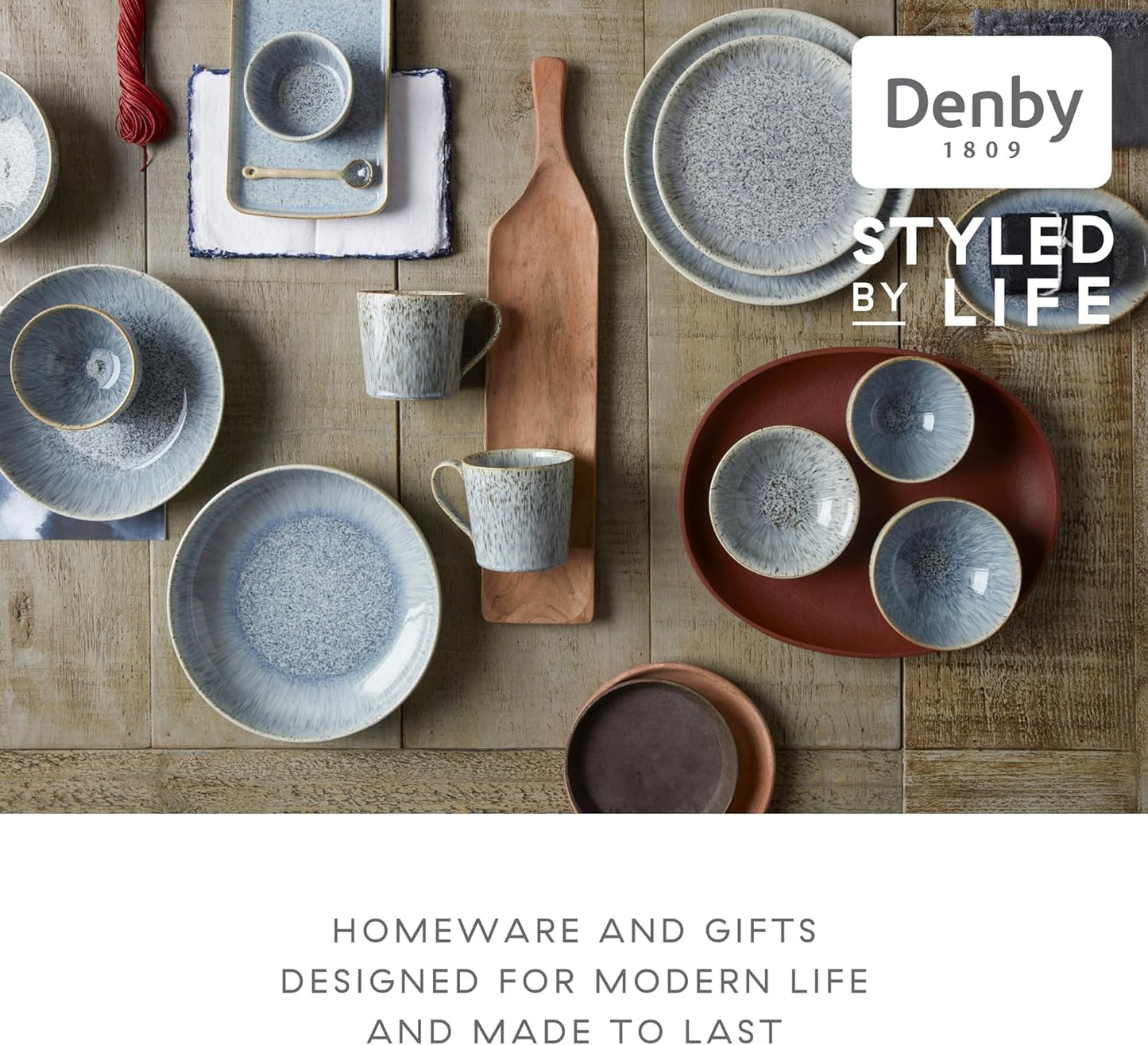 Denby - Halo Speckle Dinner Plates Set of 6-10.25 Inch Dishwasher Microwave Oven Safe - Scratch Chip Resistant - Grey, Neutral, Blue Large Ceramic Stoneware Dinnerware Plates Set