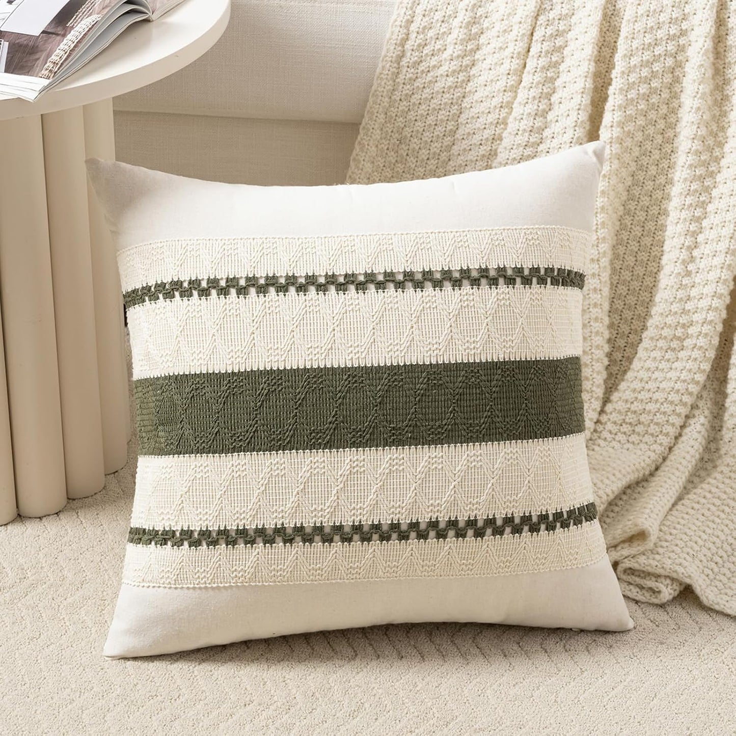 Fancy Homi Set of 1 Boho Olive Green Decorative Throw Pillow Cover 16x16 Inch for Couch Bed Sofa, Aesthetic Modern Organic Farmhouse Home Decor, Soft Cotton Cute Accent Macrame Woven Cushion Case