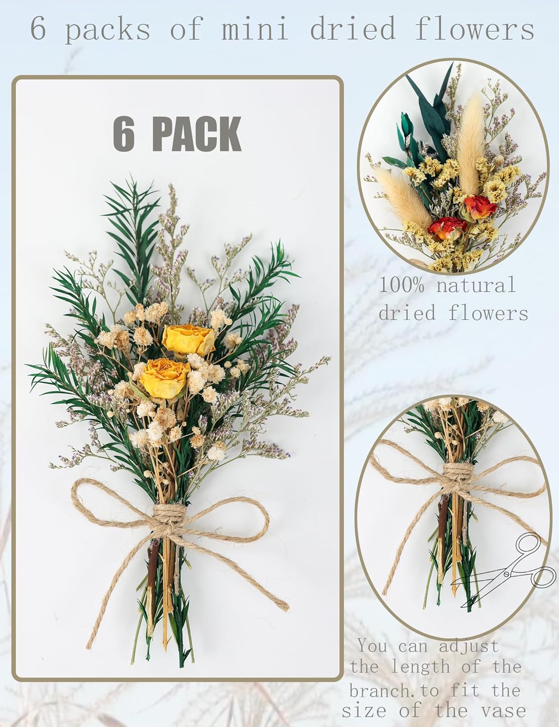 Mini Dried Rose Bouquet (6pcs), Natural Dried Flower Bouquet, Dried Pampas Grass, Groom & Best Man Corsages, Dried Cake Flowers, Gift Box Filled with Dried Flowers, Wedding Accompaniments.(Red)