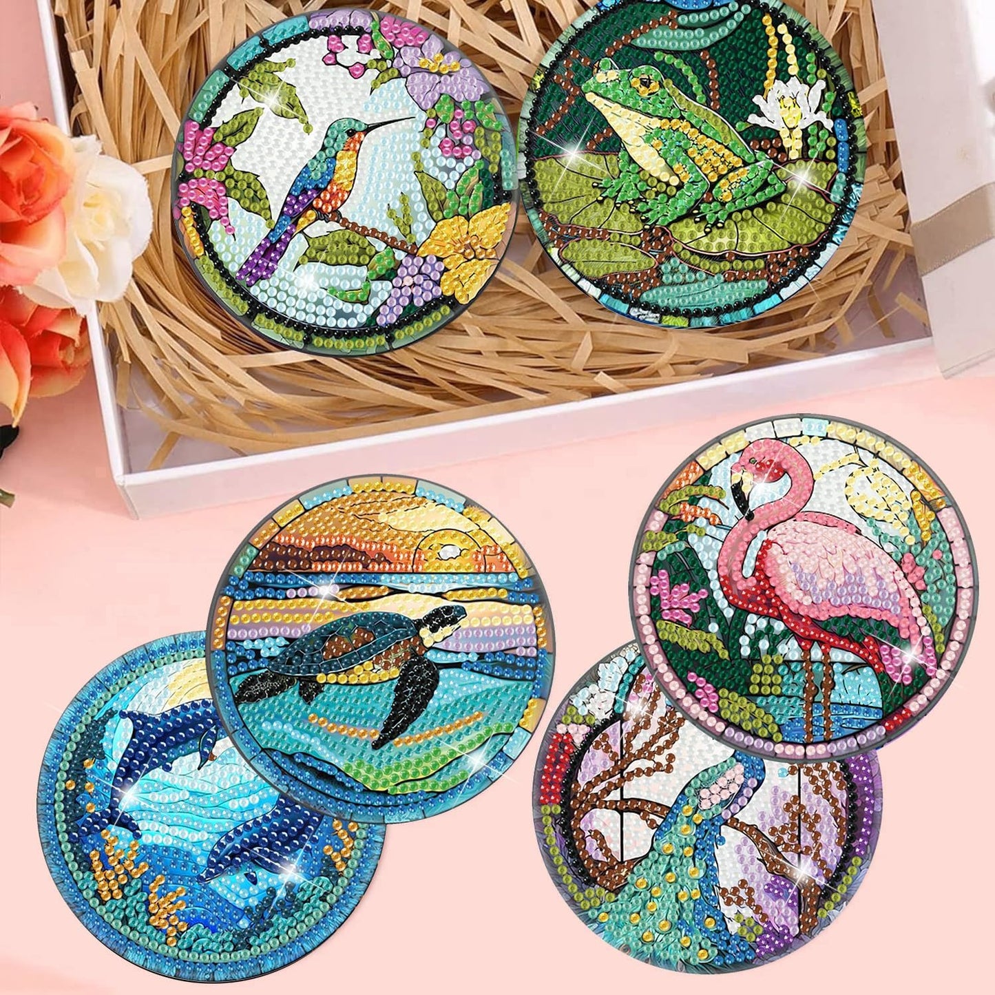 Meothan 8 Pcs Diamond Art Coasters Kits for Adults with Holder Cork Pads, Diamond Dots Art Painting Coasters Crafts Kit for Home Office Decor (Different Animals)