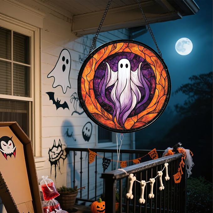 Stained Glass Window Hanging - Halloween Decorations White Purple Ghost Suncatcher for Doors Garden Indoor Spooky Funny Sun Catchers Gothic Decor Horror Gifts for Women Men Friend 6.3 in