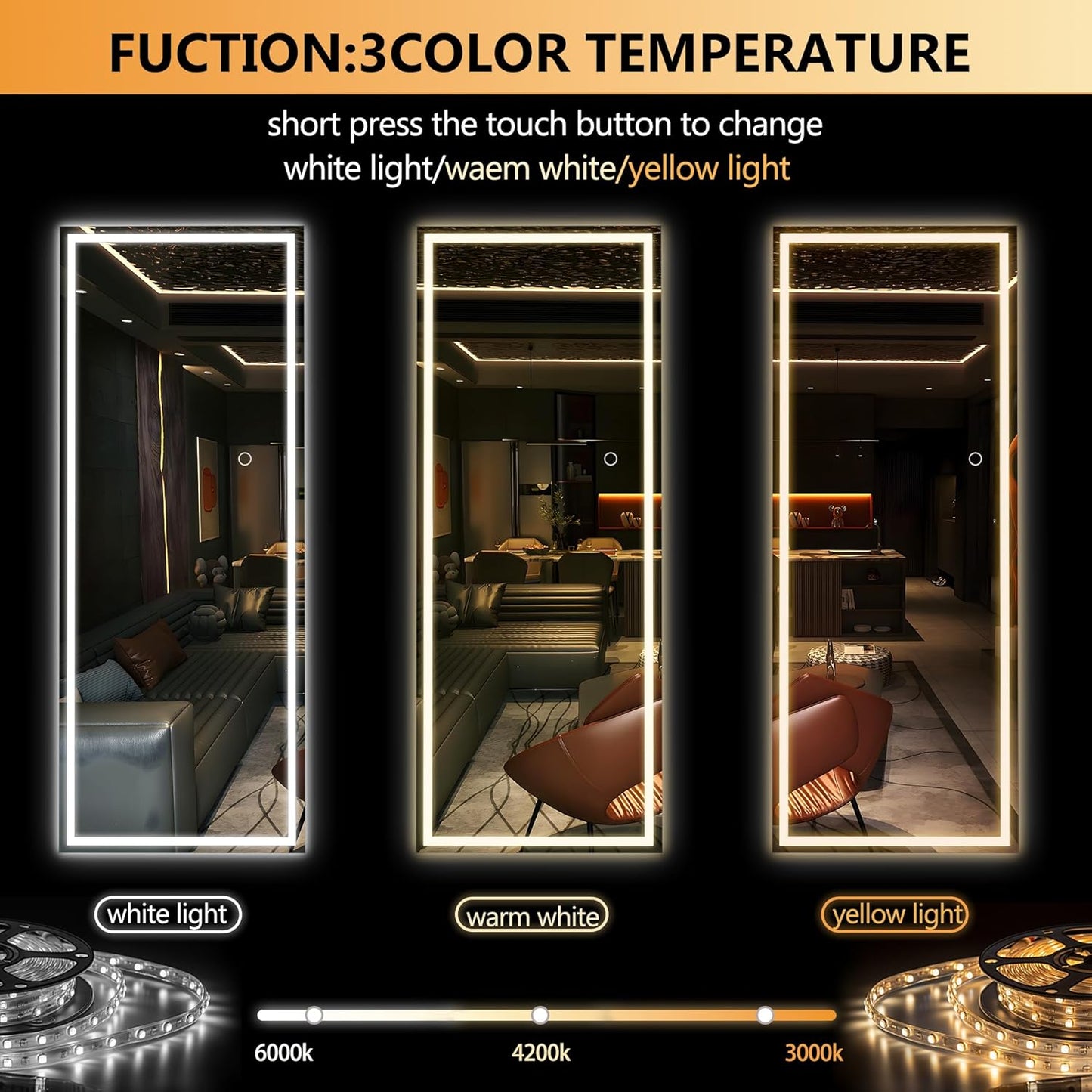 Hasipu LED Door Mirror Full Length, 44" x 15.8" Lighted Over The Door Hanging, Full Body Wall Mounted, Light Up Long Dressing, Square White