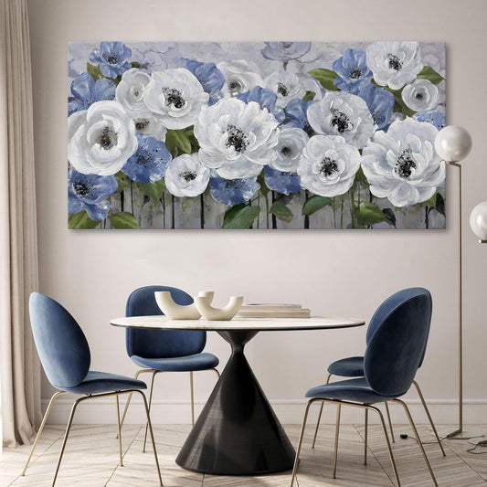 Floral Wall Art for Living Room- Large Canvas Paintings with Floral Wall Picture - Flower Wall Decor in Blue & White, Textured Artwork - Landscape Wall Art & Pictures for Bedroom and Home Decor