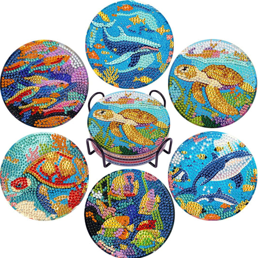 EWJRNSF 6 PCS Small Diamond Art Coasters Kits, Diamond Painting Coasters, Fall Diamond Art Kits for Adults Beginners, Arts and Crafts Item Sets with Holder for Drinks. Ocean