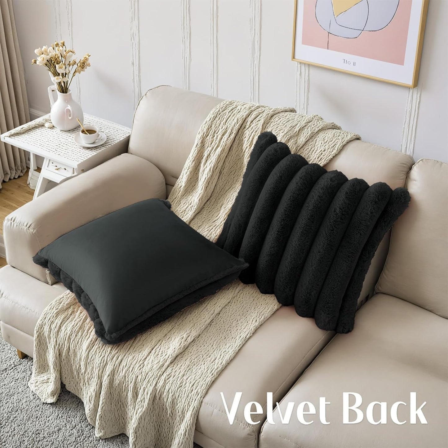 HAUSSY Faux Fur Throw Pillow Covers 18x18 Inch Set of 2,Decorative Striped Neutral Pillow Cases Soft Plush Couch Pillow Covers,Home Decor for Sofa,Bed, Living Room,Black