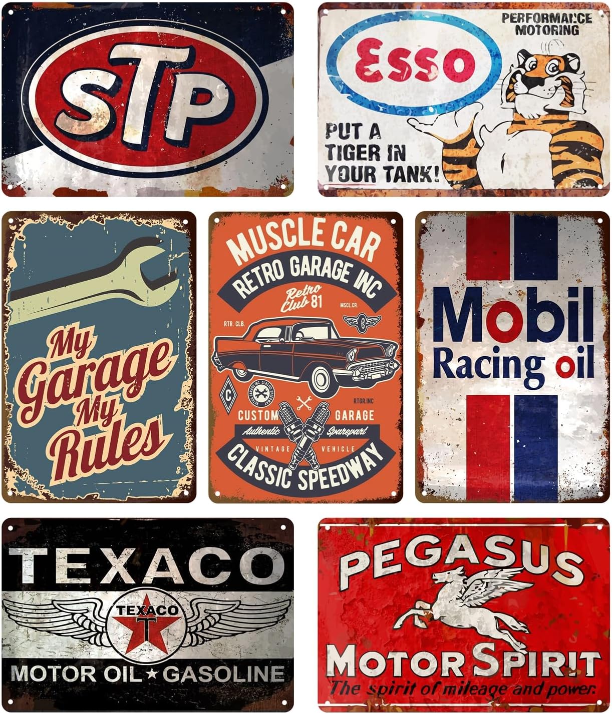 Garage Signs For Men - 7 Pcs Vintage Metal Tin Signs Retro Garage Signs For Men Wall Decorations Old Car Shop Posters Oil And Gas Station Sign Man Cave Decor 8×12 Inch（7pcs）