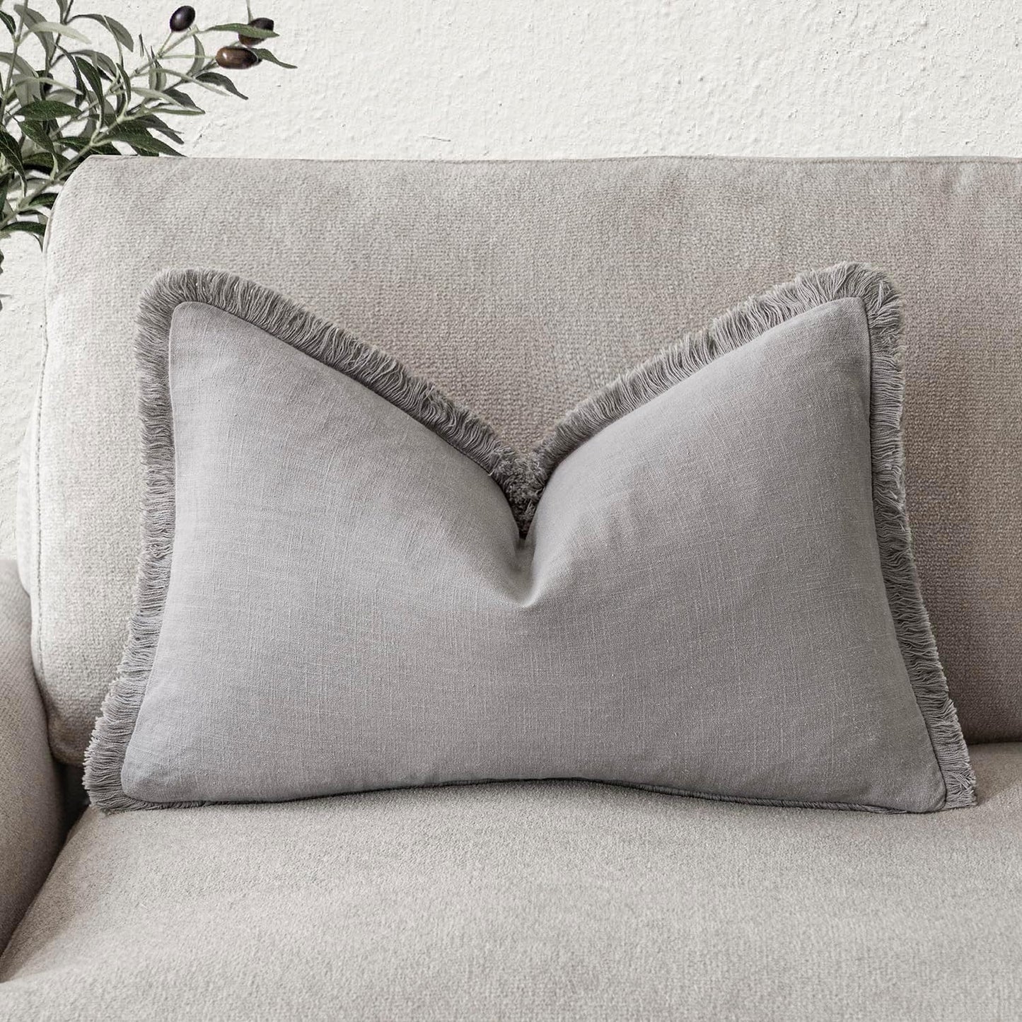 Foindtower Decorative Linen Fringe Throw Pillow Covers Cozy Boho Farmhouse Cushion Cover with Tassels Accent Pillowcase for Chair Sofa Bed Living Room Home Decor, 12×24 Inch, 1PC,Light Rustic Gray