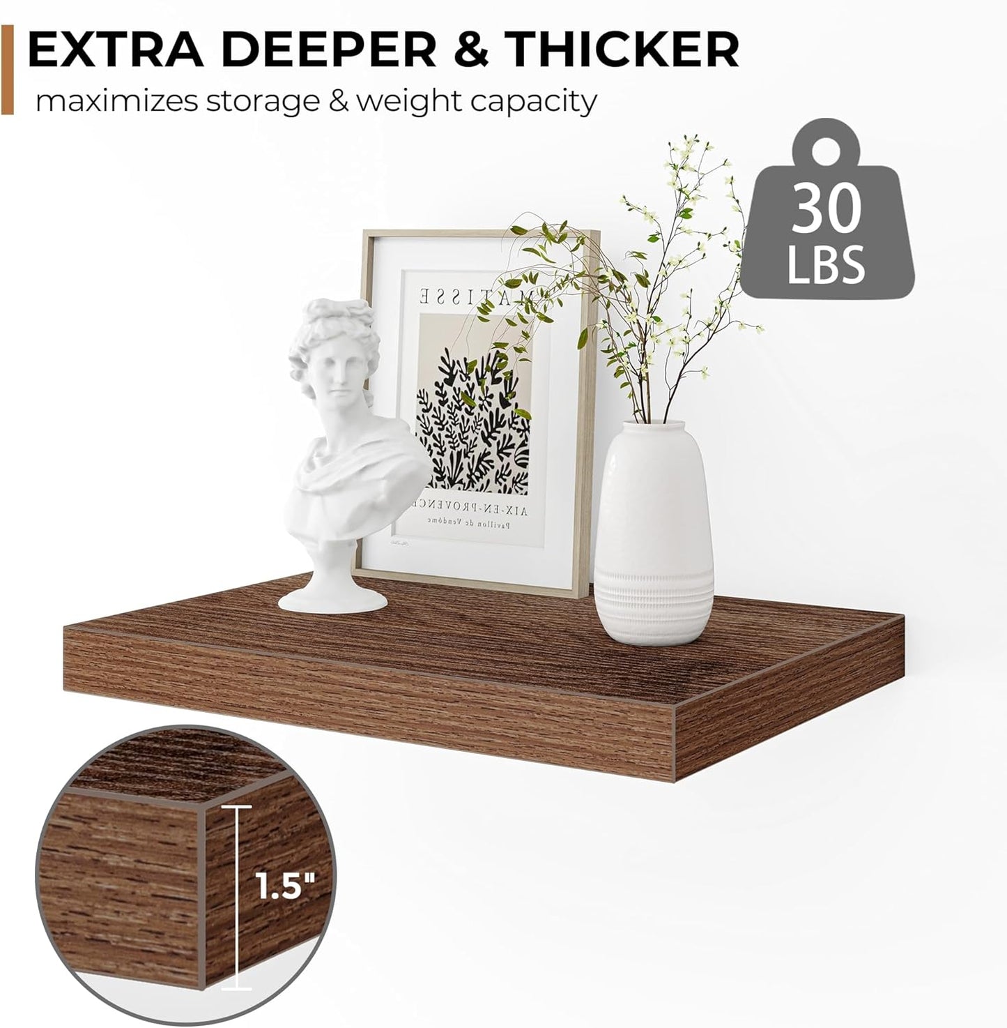 Fun Memories Floating Shelves - 2 Pack 12 Inch Rustic Wooden Wall Shelves - Extra Deeper & Thicker Wall Mounted Storage Shelf for Living Room, Kitchen, Farmhouse - 16" W x 12" D x 1.5" H - Walnut