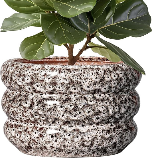 SQOWL Ceramic Flower Pots - 13.5 Inch Plant Pot with Drainage Hole, Large Ceramic Planter for Indoor Plants, Round Modern Planter Outdoor, Porch Home House Decor, Plant Lover Gifts, White