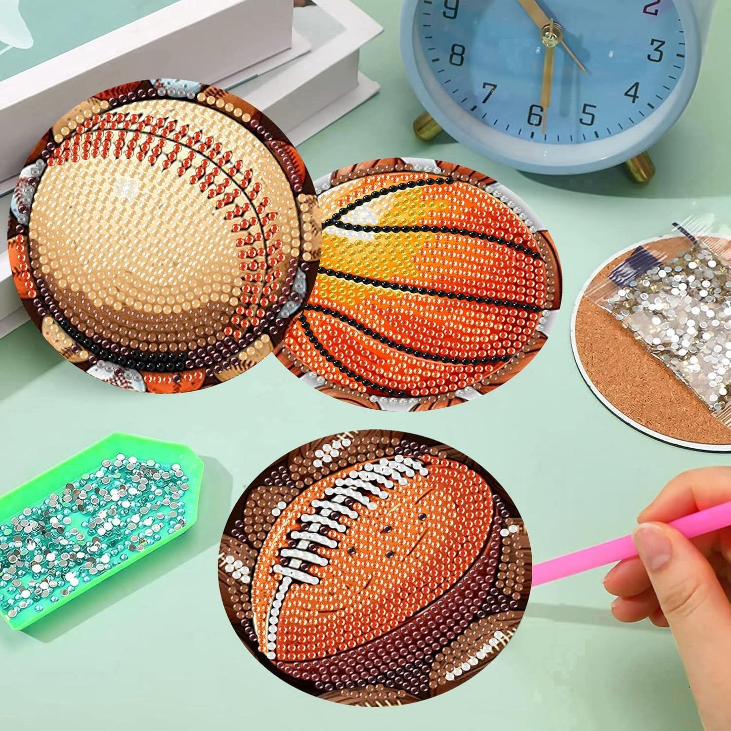 Meothan 8 Pcs Football Diamond Art Coasters Kits for Adults with Holder Cork Pads, Basketball Baseball Rugby Diamond Dots Art Painting Coasters Crafts Kit for Home Office Decor (4x4in)
