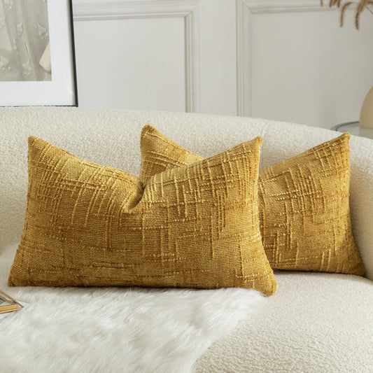 MANDIOO Pack of 2 Soft Chenille Textured Throw Pillow Covers Lumbar Accent Solid Decorative Cushion Cover Cozy Farmhouse Pillow Case for Couch Sofa Bed Living Room 16x24 Inch Ginger