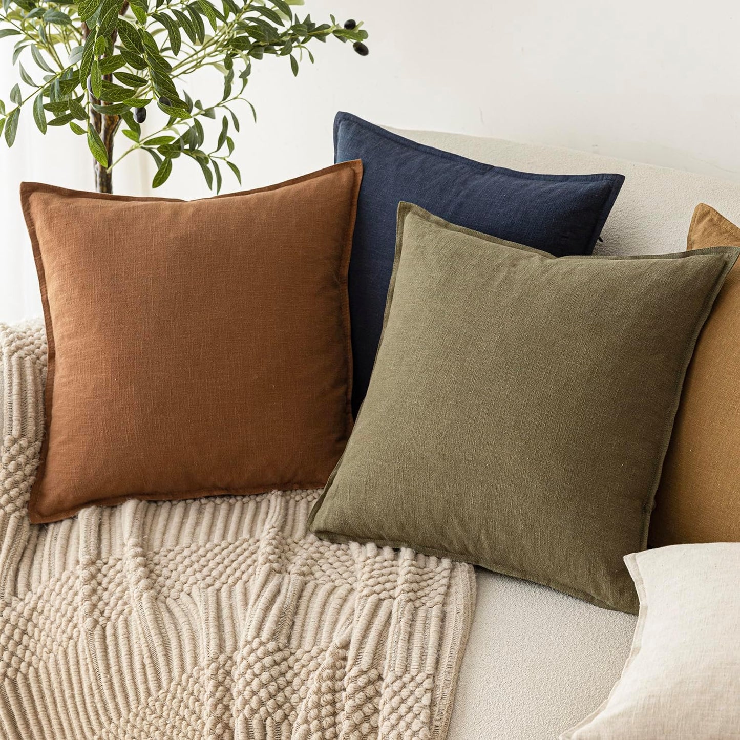 Foindtower Pack of 2, Decorative Linen Soild Throw Pillow Covers Soft Accent Cushion Case Boho Farmhouse Pillowcase for Couch Sofa Bedroom Living Room Home Decor 22 x 22 Inch Orange Brown