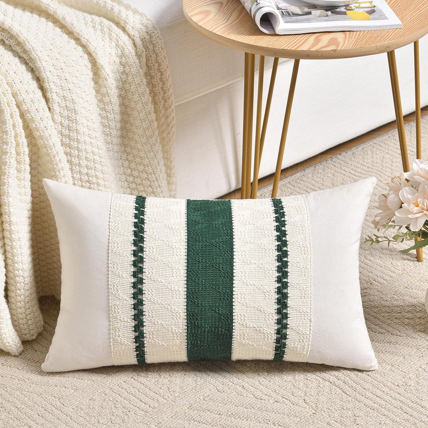 Fancy Homi Set of 2 Dark Green Boho Long LumbarDecorative Throw Pillow Covers 14x24 Inch for Couch Bed Sofa Bedroom, Modern Farmhouse Vintage Forest Green Living Room Decor