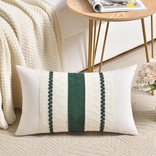 Fancy Homi Set of 1 Dark Green Boho Lumbar Decorative Throw Pillow Covers 12x20 Inch for Couch Bed Sofa Bedroom, Modern Farmhouse Vintage Forest Green Living Room Decor