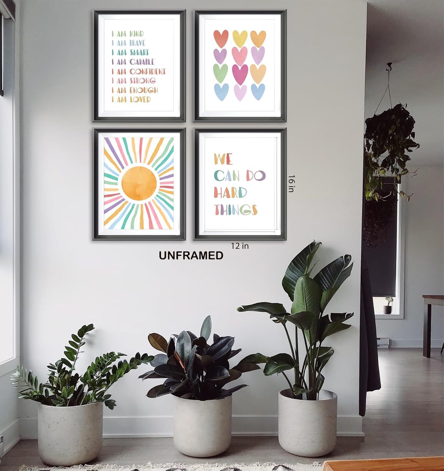 I am Kind Brave Smart Affirmations Colorful Sun Sunshine Hearts Poster Prints for Girls Kids Room Playroom Decor,Girl Nursery Decorations Prints Wall Art Unframed 4pcs,Girls Kids Gifts (12x16 in)