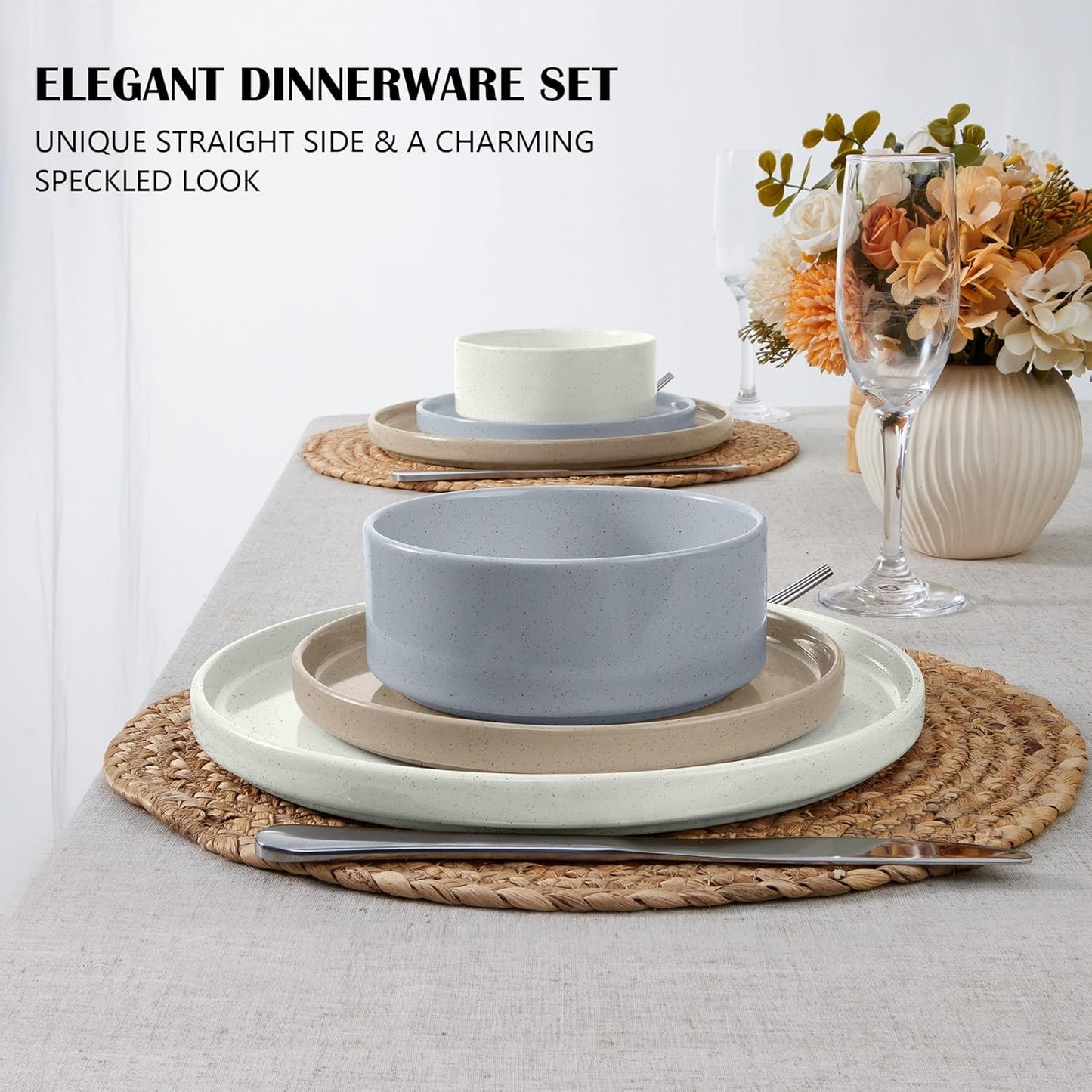 E-far Dinnerware Sets for 6, 18-Piece Stoneware Plates and Bowls Dish Set, Modern Kitchen Dinning Dishware, Chip and Scratch Resistant, Microwave & Dishwasher Safe, Speckled Multicolor