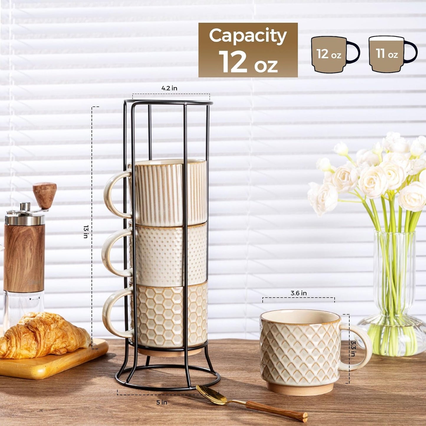 GBHOME 12OZ Stackable Coffee Mugs with Stand, Ceramic Coffee Mugs with Texture Patterns for Man,Woman,Dad,Mom, Modern Coffee Cups Set of 4 for Latte/Cappuccino/Cocoa. Dishwasher&Microwave Safe