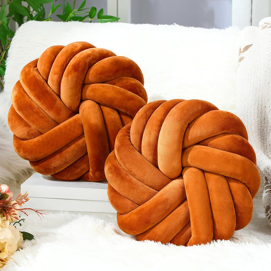Fumete 2 Pcs 14 Inches Knot Pillow Round Throw Soft Plush Knot Ball Pillow Handmade Knotted Modern Home Decorative Cushion for Bed Bedroom, Sofa, Couch (Caramel Color)