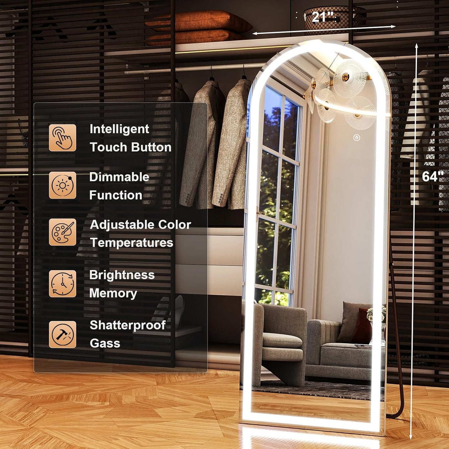 LED White Arched Full Length Mirror - 21“ x 64” Adjustable Brightness, Touch Screen Controls, Wall Mounted or Freestanding for Bedroom, Living Room, Cloakroom Dressing Mirror