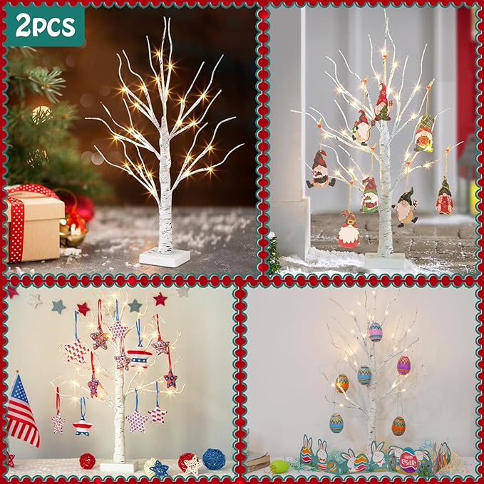 Vanthylit White Birch Tree with LED Lights - Set of 2, Tabletop Tree with Timer, Christmas Decorations Lighted Tree for Indoor Mantel Home Decor (2 FT, 24 LED)