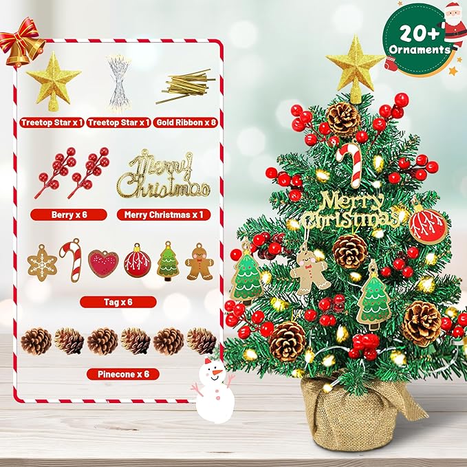 2FT Tabletop Mini Christmas Tree, 24 Inch Small Artificial Christmas Tree with Warm LED Lights, Star Treetop, DIY Ornaments, New Xmas Pine Tree Decoration for Kid Friend Family Holiday Home Office