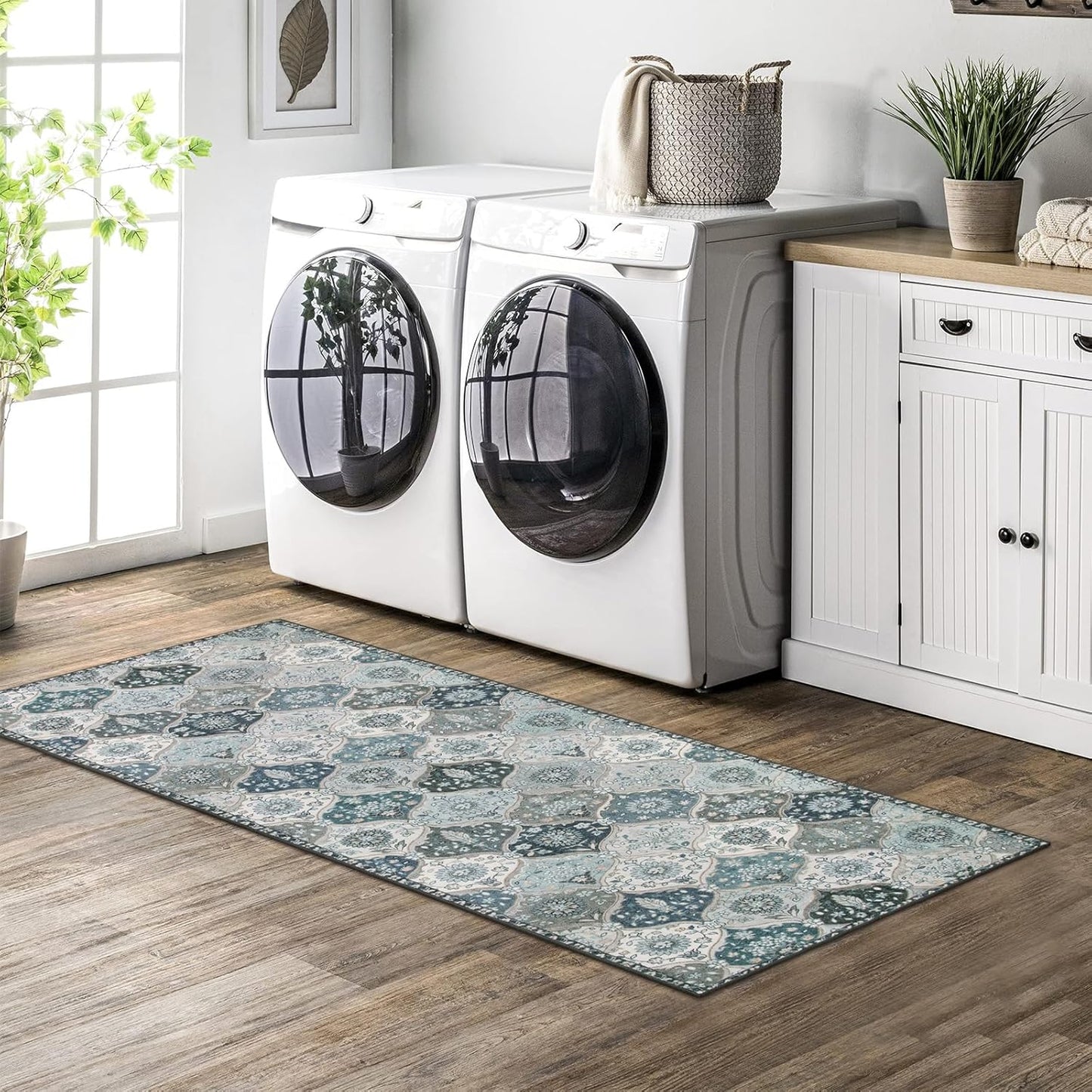 Lahome Moroccan Trellis Kitchen Runner Rug, 2x5 Washable Runners for Hallways Non Slip, Rubber Backing Ultra-Thin Vintage Carpet for Entryway Bedroom Bathroom, Blue