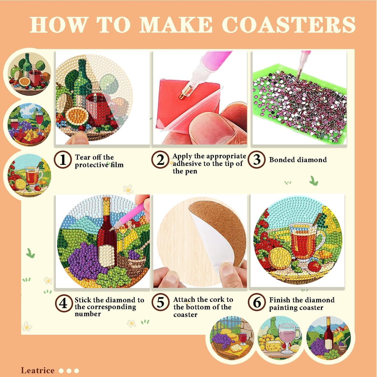 Leatrice Diamond Art Coasters Set of 6, Small Diamond Painting Kits for Adults Beginners Women, Funny Arts Supplies for Kitchen Decor Grape