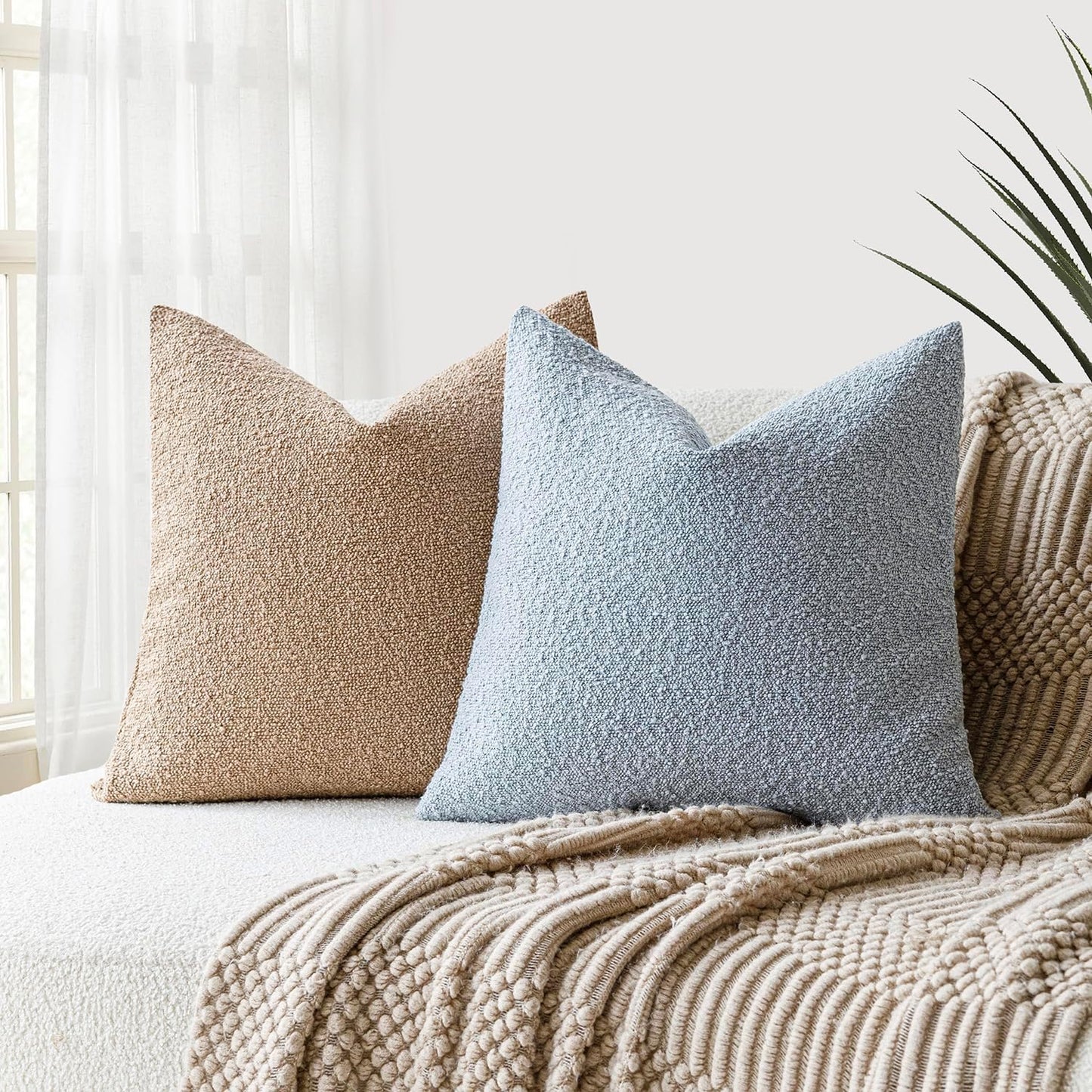 Foindtower Set of 2, Decorative Textured Boucle Throw Pillow Covers Accent Solid Pillow Cases Neutral Soft Cozy Couch Cushion Case for Chair Sofa Bedroom Living Room Home Decor 16 x 16 Inch Light Blue