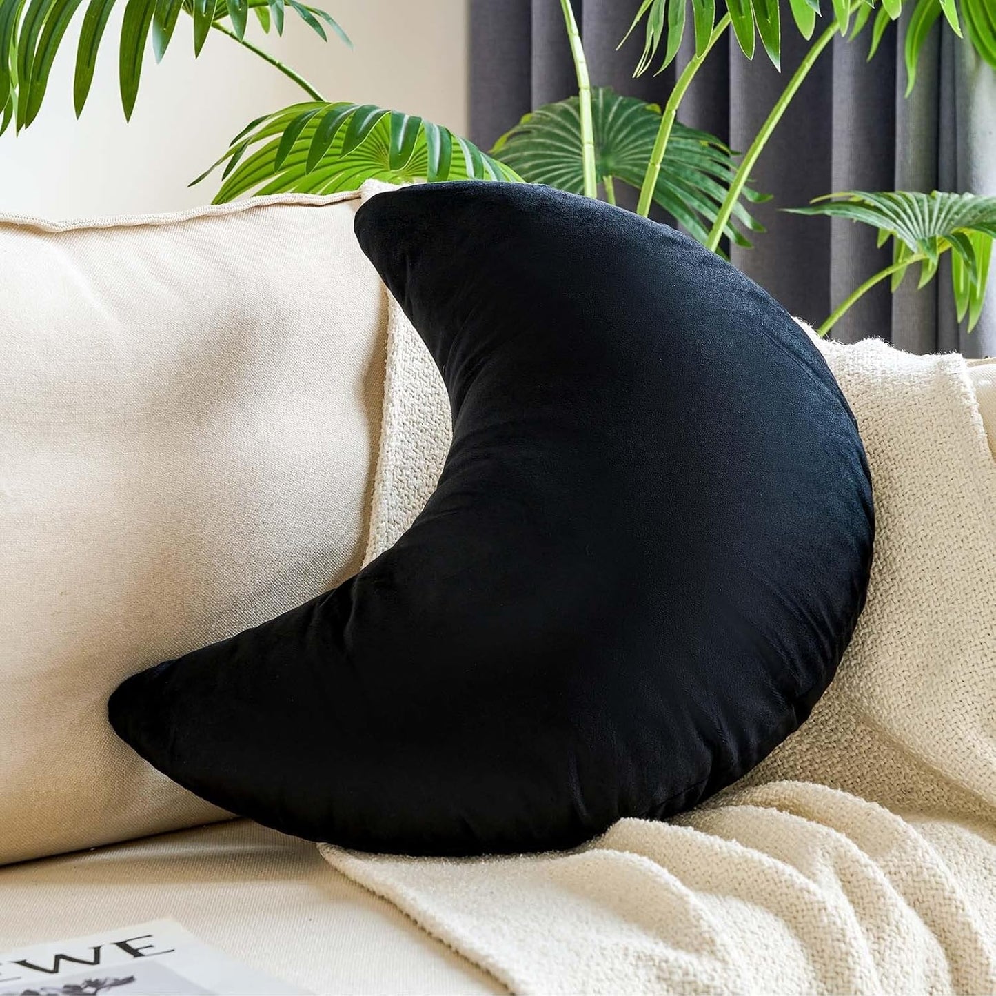 Black Moon Pillow, 19.6" Cute Soft Velvet Half Moon Shape Plush Decorative Throw Pillows Cushions Room Decor for Couch Bedroom Living Room