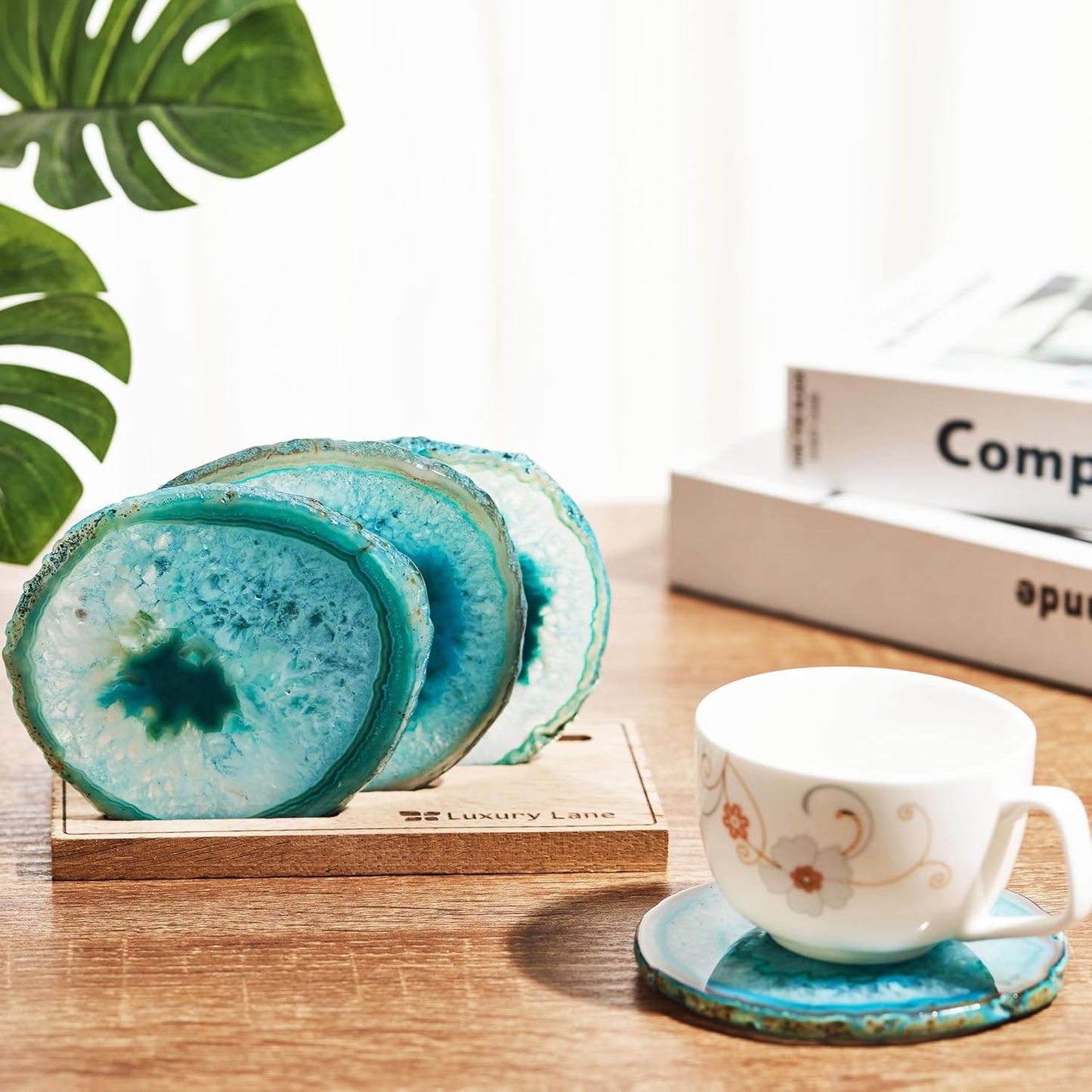 Luxury Lane Set of 4 Large Natural Brazilian Agate Slice Geode Rock Stone Drink Coasters with Wood Holder 4.3-4.7 inch Centerpiece Table Decoration, Teal