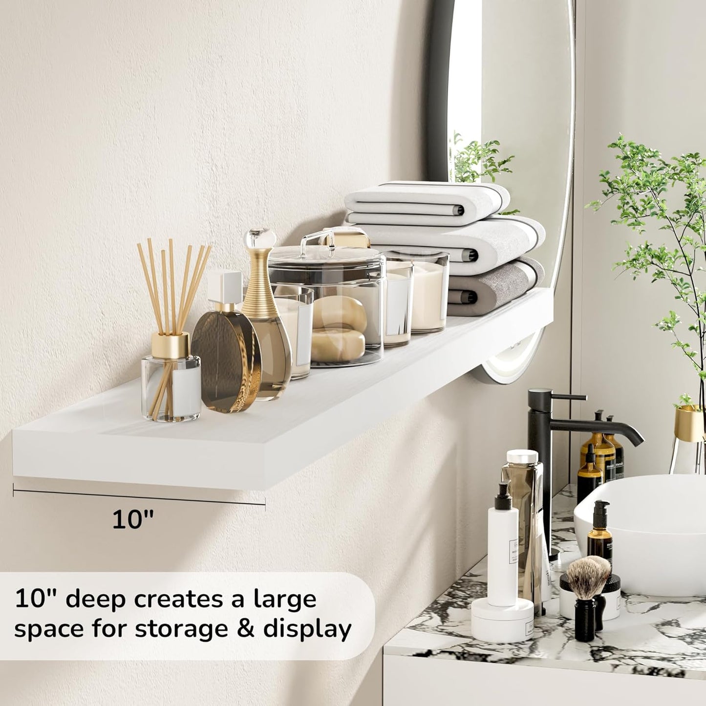 Floating Shelves - 10.3 Inch Deep Wall Shelf for Decor & Storage - Wall Mounted Display Shelving with Invisible Heavy-Duty Metal Bracket - 48" W x 10.3" D x 1.8" H - Set of 1 - Rustic White