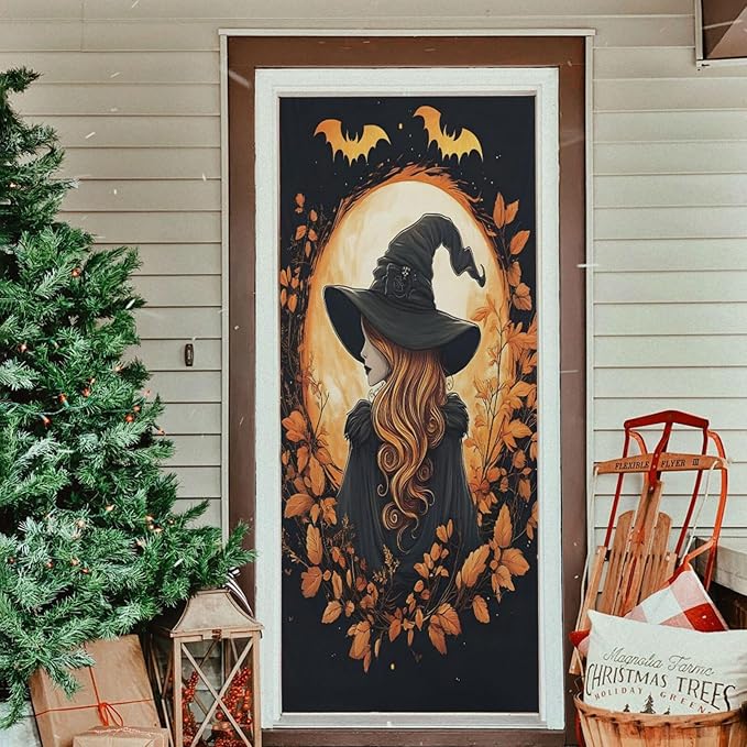 senya Halloween Door Cover Autumn Witch Halloween Banner Decoration 79 * 35 inch for Front Doors Wall Party Decor