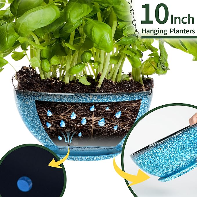 Hanging Planters for Indoor Outdoor Plants-2 Pack 10 inch Hanging Plant Pots with Drainage and Chain, Hanging Planter for House Plants (Blue with White Spray)