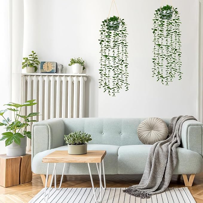 Dremisland Fake Hanging Plants with Pots 2Pack Faux Hanging Basket Plant Macrame Plant Hanger with Fake Vines Faux Hanging Planter for Wall Ceiling Home Bedroom Indoor Decor (Eucalyptus-2PCS)