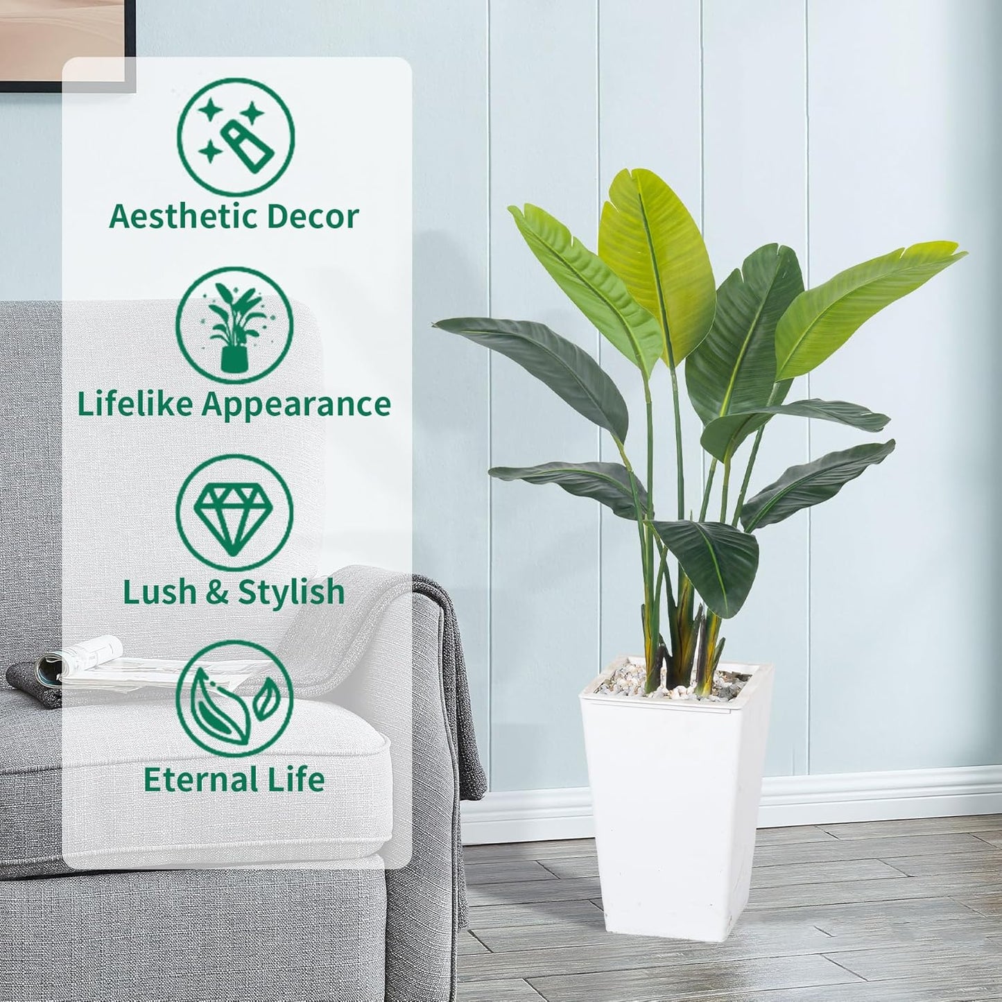 Bird of Paradise Artificial Plant 4FT, Faux Tropical Palm Tree with White Tall Planter, Large Fake Plants in Pot - Artificial Tree for Home Office Living Room Decor Indoor