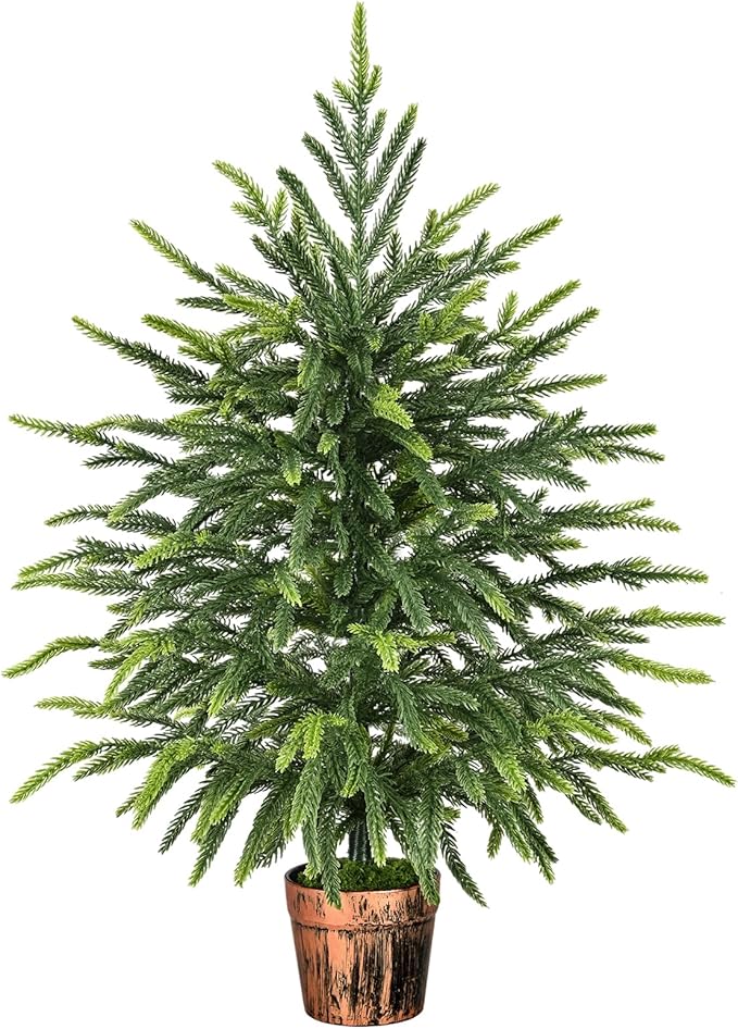 2FT Norfolk Pine Tree with Pot - Tabletop Christmas Tree with Real Touch PE Branch Tips for Front Porch Kitchens Home Indoor Outdoor Xmas Decor