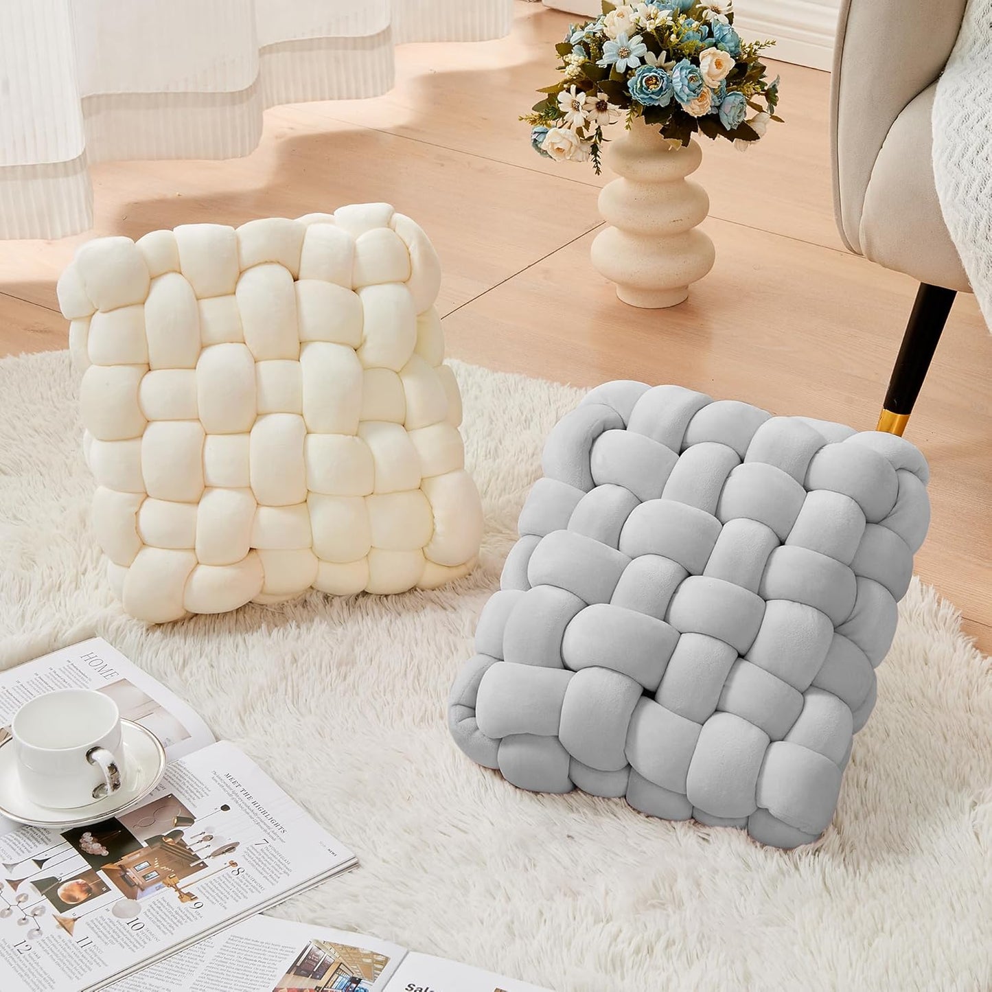 JELLYMONI Grey Square Knot Throw Pillow, Small Size Home Decorative Pillow, Decorative Ins Throw Pillow, Soft Velvet Knotted Decor for Room and Couch (S- 11.8"×11.8"×3.5", Grey)