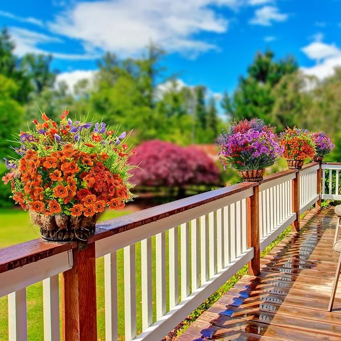 Zeyune 64 Bundles Faux Flowers Outdoors UV Resistant Artificial Plastic Flowers Plants Fake Realistic Eucalyptus Violet Lavender Plant Wildflower Bulk for Outside Yard Home Patio Garden Decor(Vivid)