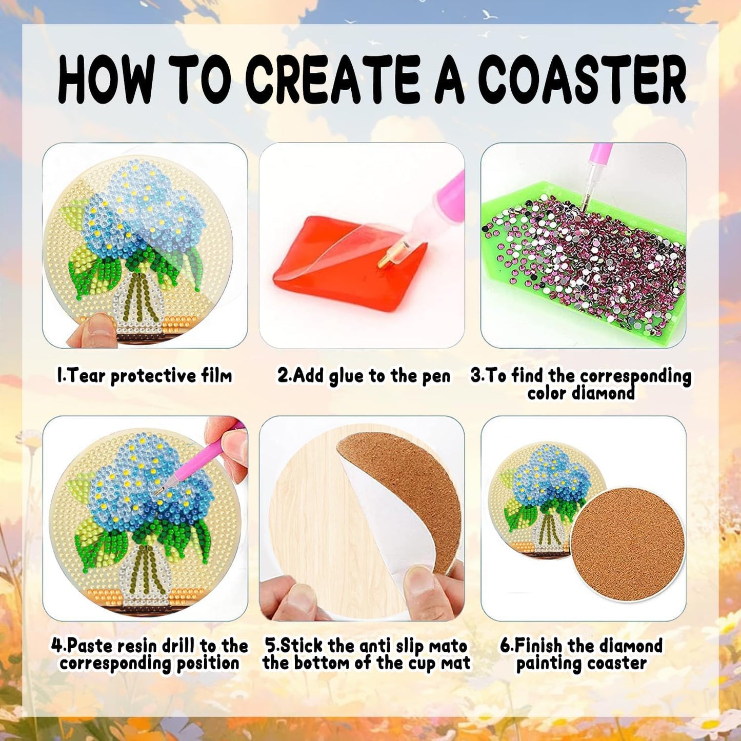 DOZEEZOP 8 PCS Hydrangea Diamond Art Coasters Kit, Flowers 5D Diamond Painting Coasters with Holder, Fall Small Diamond Art Kits for Adults Beginners, Diamond Dots Arts and Crafts Supplies