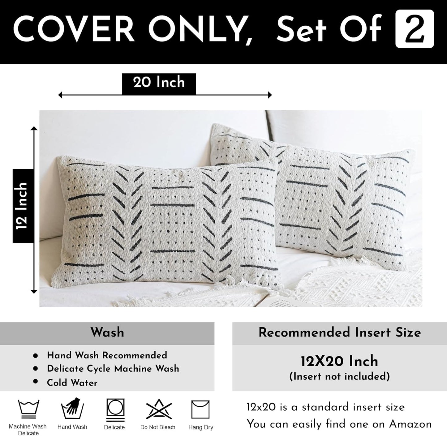 BlissBlush Off White Decorative Lumbar Throw Pillow Covers 12X20, Set of 2, Boho Farmhouse Cushion Cover, Soft Accent Pillowcase for Couch Sofa Bed Living Room Home Décor