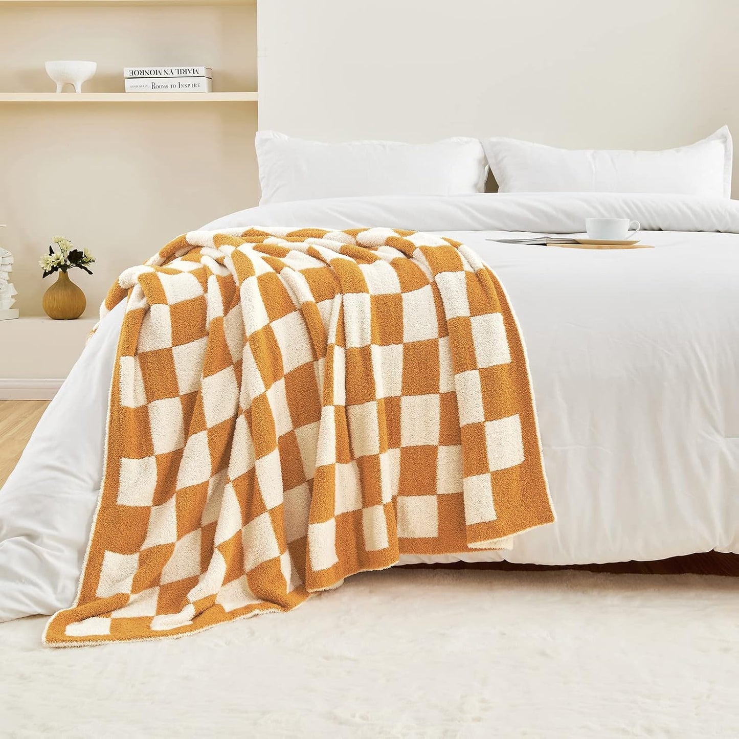 CozeCube Super Soft Fullfy Microfiber Reversible Knitted Blankets, Warm Cozy Fuzzy Plush Throw, Orange and White Checkered Throw Blanket for Couch Bed Sofa, 60" x 80"